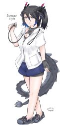 Rule 34 | 1girl, adapted costume, alternate hairstyle, animal ears, bike shorts, bike shorts under shorts, black dragon (kemono friends), black gloves, black hair, black shirt, black shoes, blue hair, blue shorts, braid, crocs, crown braid, dolphin shorts, dragon ears, dragon girl, dragon horns, dragon tail, extra ears, fingerless gloves, full body, gloves, grey eyes, hair between eyes, highres, horns, kemono friends, multicolored hair, ponytail, popped collar, saja (166j357), shirt, shoes, short hair, short shorts, short sleeves, shorts, sidelocks, slit pupils, smile, solo, stethoscope around neck, t-shirt, tail, white shirt, zipper