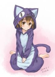 1girl 2014 animal_hood artist_name barefoot blush brown_eyes brown_hair cat_hood dated errant female_focus hood looking_at_viewer short_hair sitting smile solo wariza