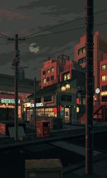 animated animated_gif building city cloud cloudy_sky commentary dusk english_commentary full_moon highres lamppost lantern moon night night_sky no_humans original outdoors paper_lantern pixel_art power_lines road scenery sign sky stairs transformer utility_pole waneella window