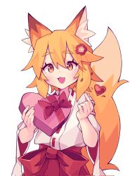 Rule 34 | 1girl, :3, animal ear fluff, animal ears, blonde hair, box, commentary, cowboy shot, english commentary, finger heart, fox ears, fox girl, fox tail, hair between eyes, hakama, heart, heart-shaped box, highres, japanese clothes, kazumiskill, kimono, looking at viewer, red hakama, ribbon trim, senko (sewayaki kitsune no senko-san), sewayaki kitsune no senko-san, short hair, tail, valentine, white background, white kimono, yellow eyes