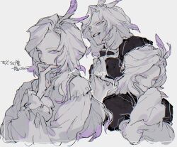 1boy blood blood_from_mouth dadadadadaist feather_hair_ornament feathers final_fantasy final_fantasy_ix grey_hair grey_shirt hair_ornament hand_to_own_mouth highres kuja long_sleeves looking_at_viewer male_focus medium_hair multiple_views parted_bangs shirt signature smile trap upper_body white_background