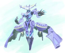 Rule 34 | 1girl, blue eyes, claws, commentary request, cu-later, full body, hoshi to tsubasa no paradox, mecha, mechanical skirt, purple hair, reika (hoshi to tsubasa no paradox), robot, science fiction, thrusters, tsutamine tomori, white background