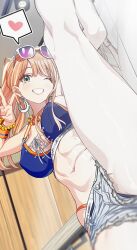 Rule 34 | aora, gakuen idolmaster, groin, idolmaster, mole, navel, one eye closed, shiun sumika, shorts, standing, standing on one leg, tagme, v, wink
