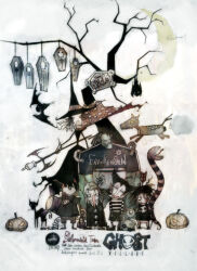 1girl 5boys bare_tree bat_(animal) black_bow black_bowtie black_cat black_dress black_hair black_hat black_shirt bow bowtie buttons cat closed_mouth coffin commentary_request crescent_moon cyanporoco dated dress full_body hat holding holding_staff jack-o&#039;-lantern korean_commentary looking_at_viewer moon multiple_boys non-humanoid_robot open_mouth original robot robot_animal robot_dog shirt short_hair skull_print smile snake staff standing tree white_background witch_hat