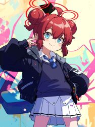 1girl ahoge black_jacket blue_archive blue_eyes blue_necktie blue_sweater_vest bright_pupils closed_mouth collared_shirt cowboy_shot double_bun hair_bun halo hand_in_pocket hand_up highres jacket long_sleeves looking_at_viewer maki_(blue_archive) necktie open_clothes open_jacket pleated_skirt red_hair red_halo shirt skirt smile solo sweater_vest v white_pupils white_shirt white_skirt yuuji_overall