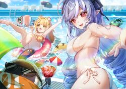 2girls absurdres afloat amillion_(zenless_zone_zero) animal_ears ass bangboo_(zenless_zone_zero) barefoot beach_chair bikini blonde_hair breasts commentary_request cup drill_hair eous_(zenless_zone_zero) feet green_eyes highres holding holding_cup ju_fufu korean_commentary leegh19769 long_hair medium_breasts multiple_girls open_mouth pointy_ears pool pool_ladder purple_hair red_eyes red_innertube sharkboo_(zenless_zone_zero) sideboob soles sunglasses swimsuit tail teeth tiger_ears tiger_girl tiger_stripes tiger_tail toes upper_teeth_only very_long_hair vivian_banshee white_bikini yellow_bikini zenless_zone_zero