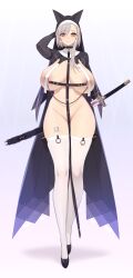 1girl absurdres animal_ears breast_curtains breasts fake_animal_ears highres holding holding_sword holding_weapon huge_breasts nipple_chain nipple_piercing nun original piercing rekaerb_maerd sword weapon