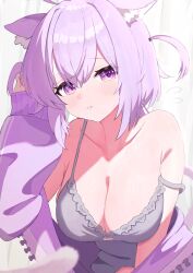 1girl ahoge animal_ears bare_shoulders blush breasts camisole cat_ears cat_girl cat_tail cleavage collarbone commentary flying_sweatdrops grey_camisole hair_between_eyes highres hololive hood hoodie horns huge_breasts looking_at_viewer medium_hair nekomata_okayu parted_lips pink_hoodie purple_eyes purple_hair purple_horns purple_tail solo strap_slip tail two_side_up virtual_youtuber yofo