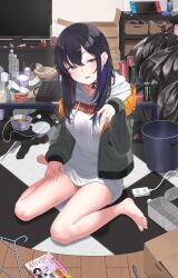 1girl absurdres barefoot black_hair blue_hair bottle box breasts can cardboard_box choker clothes_hanger clothes_writing coffee_table controller drawstring energy_drink food glass_table green_jacket hair_between_eyes half-closed_eyes head_tilt highres hood hoodie ichinose_uruha ichinose_uruha_(2nd_costume) indoors instant_ramen jacket kiaoekakishitai long_hair long_hoodie long_sleeves looking_at_viewer lupinus_virtual_games makeup medium_breasts messy monster_energy multicolored_hair nintendo_switch open_clothes open_jacket open_mouth pen purple_eyes remote_control sitting socks solo streaked_hair table thighs trash_bag trash_can unworn_socks virtual_youtuber vspo! wariza white_hoodie
