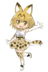Rule 34 | 10s, 1girl, :d, animal ears, animal print, ankle boots, arm at side, armpits, belt, black belt, black bow, black hair, blonde hair, blush, boots, bow, bowtie, breasts, brown skirt, chibi, elbow gloves, eyelashes, eyes visible through hair, facing viewer, female focus, full body, gloves, hair between eyes, high-waist skirt, kemono friends, leg up, looking at viewer, medium breasts, miniskirt, multicolored hair, narita imomushi, open mouth, outstretched arm, raised eyebrows, serval (kemono friends), serval tail, shirt, short hair, simple background, skirt, sleeveless, sleeveless shirt, smile, solo, spots, standing, standing on one leg, tail, tareme, teeth, thighhighs, tongue, two-tone bow, two-tone bowtie, two-tone hair, white background, white boots, white shirt, yellow eyes, zettai ryouiki