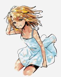 1girl arm_behind_head arm_up bare_arms bare_shoulders blue_dress dappled_sunlight dress grin idolmaster idolmaster_cinderella_girls long_hair looking_at_viewer orange_hair simple_background sleeveless sleeveless_dress smile solo spaghetti_strap sunlight toya_0321 white_background yuuki_haru