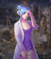 Rule 34 | 1girl, blue hair, blurry, blurry background, breasts, cleavage, closed mouth, coat, commentary, commission, cowboy shot, dress, english commentary, hair bun, hand on own forehead, highres, holding, holding screwdriver, jewelry, lab coat, large breasts, lips, looking down, necklace, official art inset, open clothes, open coat, peachyprotist, purple dress, purple hair, ragnarok online, screwdriver, short dress, short hair, single hair bun, solo, verity, white coat