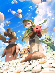 Rule 34 | 1boy, :d, absurdres, brown gloves, cloud, commentary request, day, falling petals, floragato, flower, from below, furret, gen 1 pokemon, gen 2 pokemon, gloves, green hat, hat, highres, hoishere7, holding, holding pokemon, jumpluff, male focus, nintendo, open mouth, outdoors, pants, petals, pokemon, pokemon (creature), purple eyes, raichu, short hair, sky, smile, standing, teeth, tongue, upper teeth only, white flower, white hair