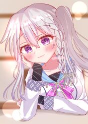 1girl 9-nine- arm_support artist_name artistic_error blurry blurry_background blush bow bowtie braid breasts closed_mouth commentary_request dress elbow_on_table green_ribbon hair_between_eyes hair_ribbon hand_on_own_cheek hand_on_own_face hand_up highres indoors lens_flare long_hair long_sleeves looking_at_viewer medium_breasts niimi_sora no_ahoge pink_bow pink_bowtie purple_eyes ribbon school_uniform side_ponytail sidelocks single_braid sleeves_past_wrists smile solo tmw15q upper_body white_dress