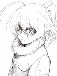 1girl ahoge closed_mouth commentary_request frown fur-trimmed_jacket fur_trim greyscale hair_between_eyes high_ponytail jacket looking_at_viewer monochrome ponytail portrait shaded_face shiratama_(hockey) sidelocks simple_background solo tanya_degurechaff traditional_media white_background youjo_senki zipper