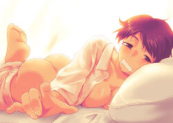 1girl ass barefoot blush blz breasts cleavage clothes_pull collarbone half-closed_eyes large_breasts lying on_stomach open_clothes open_shirt pajamas pants pants_pull reaching short_hair solo super_real_mahjong toono_mizuki