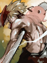 1boy 1other :3 black_pants blonde_hair chainsaw chainsaw_man denji_(chainsaw_man) fang ghost highres hybrid looking_at_viewer looking_back nakano_(2_mannaka) open_mouth pants pochita_(chainsaw_man) sharp_teeth short_hair teeth topless_male transformation yellow_eyes