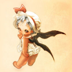 Rule 34 | 1girl, aged down, barefoot, bat wings, beige background, blue hair, female focus, full body, hat, looking at viewer, red eyes, remilia scarlet, short hair, solo, souri, toddler, touhou, wings