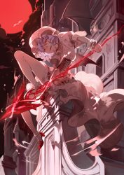Rule 34 | 1girl, absurdres, ankle socks, ascot, bat (animal), bat wings, black corset, blue hair, brooch, cloud, cloudy sky, commentary, corset, dress, eyelashes, frilled dress, frilled sleeves, frills, full body, full moon, gem, glowing, glowing eyes, hat, highres, holding, holding polearm, holding weapon, jewelry, mary janes, mob cap, moon, night, open mouth, pink dress, pink hat, polearm, puffy short sleeves, puffy sleeves, purple hair, red eyes, red gemstone, red moon, red shoes, remilia scarlet, rilituer, scarlet devil mansion, sharp teeth, shoes, short hair, short sleeves, sitting, sky, socks, solo, spear, spear the gungnir, teeth, thighs, touhou, upper teeth only, wavy hair, weapon, white ascot, white socks, wings, wrist cuffs