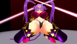 1girl 3d arm_support artist_request ass breasts cameltoe curvy female_focus heart heart_tattoo huge_ass huge_breasts legs_apart long_hair long_twintails looking_at_viewer monkey_tail pubic_tattoo purple_hair queen&#039;s_blade queen&#039;s_blade_grimoire revealing_clothes seiten_(queen&#039;s_blade) shiny_skin smile solo squatting tail tattoo thong tiara twintails very_long_hair