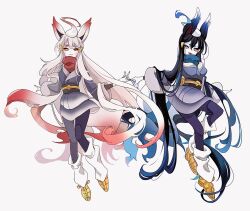 2girls absurdly_long_hair akari_(pokemon) alternate_color black_hair blue_hair blue_nails blue_pants cocoa_s3 colored_skin commentary commentary_request double-parted_bangs fangs fox_girl full_body fusion hair_between_eyes highres hisuian_zorua leg_warmers long_hair multicolored_hair multiple_girls nintendo open_mouth pants personification pokemon pokemon_legends:_arceus red_hair shiny_pokemon simple_background smile symbol-only_commentary thick_eyebrows two-tone_hair very_long_hair white_background white_hair white_skin yellow_eyes