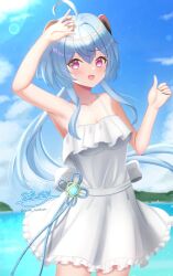 1girl ahoge alternate_costume arm_up bare_shoulders blue_gemstone blue_hair blue_nails blue_sky blush breasts cleavage cloud collarbone commentary_request cryo_symbol_(genshin_impact) day dress fingernails ganyu_(genshin_impact) gem genshin_impact goat_horns hair_between_eyes hand_up highres horns hyakuya_iori long_hair looking_at_viewer medium_breasts nail_polish open_mouth outdoors purple_eyes signature sky solo spaghetti_strap sundress sunlight twitter_username very_long_hair vision_(genshin_impact) white_dress