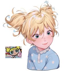 Rule 34 | 1girl, blue eyes, blush, bubbles (ppg), buttercup redraw challenge (meme), cropped shoulders, derivative work, lavelis, meme, messy hair, pajamas, polka dot, polka dot shirt, powerpuff girls, reference inset, screenshot inset, screenshot redraw, shirt, simple background, smile, solo, twintails