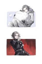 Rule 34 | 1boy, absurdres, aotsuki eito, black gloves, blood, blood on face, blue eyes, eyeshadow, gakuran, gloves, grey hair, head rest, highres, holding, holding weapon, jacket, last defense academy school uniform, looking at viewer, looking down, makeup, male focus, multiple views, pants, red eyeshadow, school uniform, short hair, smile, takano jiyuu, the hundred line -last defense academy-, weapon, white gloves, white jacket, white pants