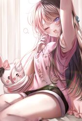 1girl absurdres black_hair blue_eyes bow highres koya_toofu long_hair multicolored_hair pink_hair pink_shirt shirt shorts sleepy solo split-color_hair stuffed_animal stuffed_toy t-shirt tachibana_hinano tachibana_hinano_(5th_costume) two-tone_hair virtual_youtuber vspo! waking_up white_background