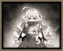 1girl bag breasts holding holding_bag mabinogi monochrome non-web_source official_art rowan_(mabinogi) sleeveless small_breasts tearing_up