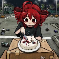 1girl :3 ahoge bear beer_can black_shirt black_sky blush blush_stickers box bubbacterial cake can car cardboard_box character_cake character_print chiikawa chiikawa_(character) cigarette_pack cup cutting disposable_cup drill_hair drink_can empty_eyes food furrowed_brow gradient_eyes hair_between_eyes hair_intakes highres holding holding_knife kasane_teto kitchen_knife knife lamppost litter long_hair motor_vehicle multicolored_eyes nervous_smile night night_sky nose_blush on_ground outdoors parking_lot parted_lips plate print_shirt raised_eyebrows red_eyes red_hair serving shirt short_sleeves sitting sketch sky smile soda_can solo sports_utility_vehicle t-shirt tape tearing_up traffic_cone trash tree twin_drills utau v-shaped_eyebrows worried