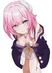 1girl absurdres blue_eyes breasts cleavage coat cyrene_(honkai:_star_rail) dress hair_ornament highres honkai:_star_rail honkai_(series) jewelry leaning_forward looking_at_viewer medium_hair necklace parted_lips pink_hair purple_coat simple_background small_breasts solo takahashi_hizumi white_background white_dress