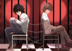 Rule 34 | 2boys, barefoot, black eyes, black hair, black shoes, brown eyes, brown hair, chair, checkered floor, collared shirt, crossed legs, cuffs, death note, full body, grey pants, hair between eyes, handcuffs, highres, l (death note), long sleeves, male focus, multiple boys, pants, prison cell, red socks, shirt, shoes, short hair, sitting, socks, softp3ach, twitter username, white shirt, yagami light