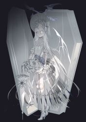 1girl absurdres black_background blunt_bangs bonnet breasts closed_mouth closed_umbrella coffin colored_skin commentary cracked_skin demon_wings doll doll_joints dress full_body glowing glowing_eye high_heels highres holding holding_umbrella joints kotarou_(kot_mochi) layered_dress long_hair looking_at_viewer neck_ribbon original ribbon shoes small_breasts solo standing umbrella very_long_hair white_dress white_eyes white_hair white_shoes white_skin white_umbrella wings