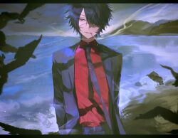 1boy absurdres belt bird black_hair black_jacket black_necktie black_pants chinese_commentary cigarette collared_shirt cowboy_shot eyepatch hair_over_one_eye highres island jacket laotoulezhongle long_sleeves looking_at_viewer male_focus medium_hair necktie ooe_(game) pants red_eyes red_shirt shinbashi_(ooe) shirt smoke smoking solo tie_clip water