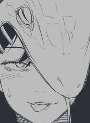 1girl blush close-up futsuu_no_keion-bu greyscale hair_ornament hairpin highres kouyama_rin monochrome one_eye_covered portrait sanpaku scene_reference small_sweatdrop snake_hood solo teeth tongue tongue_out tsumitobat79121