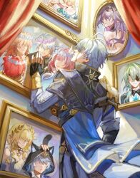 1boy absurdres aglaea_(honkai:_star_rail) ahoge anaxa_(honkai:_star_rail) black_gloves blood bloody_tears blue_cape cape castorice_(honkai:_star_rail) chrysos_heirs_(honkai:_star_rail) cipher_(honkai:_star_rail) coat curtains cyrene_(honkai:_star_rail) eva0951120 fingerless_gloves gloves gold_blood hashtag-only_commentary highres honkai:_star_rail honkai_(series) indoors little_ica_(honkai:_star_rail) male_focus mydei_(honkai:_star_rail) phainon_(honkai:_star_rail) picture_frame portrait_(object) short_hair solo tribbie_(honkai:_star_rail) white_coat white_hair