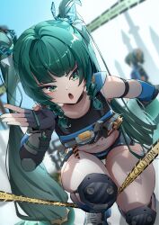 Rule 34 | 2girls, absurdres, android, arm strap, black choker, black gloves, black shorts, blurry, blurry background, caution tape, choker, commentary, crop top, fingerless gloves, gloves, green eyes, green hair, hair intakes, hair ornament, hand up, highres, jelmul, knee pads, long hair, looking at viewer, multiple girls, navel, on one knee, open mouth, ponytail, qingyi (zenless zone zero), shorts, solo focus, stomach, v-shaped eyebrows, very long hair, zenless zone zero, zhu yuan
