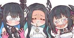 Rule 34 | 3girls, aqua hair, aradia ravencroft, asymmetrical horns, black hair, black horns, black vest, blue hair, colored inner hair, gloves, highres, hololive, hololive english, horns, kukie-nyan, long hair, malpha ravencroft, mole, mole under eye, multicolored hair, multiple girls, nerissa ravencroft, pink gloves, pink hair, red eyes, shirt, siblings, simple background, sisters, vest, virtual youtuber, vomit, vomiting rainbows, white background, white shirt, wide-eyed