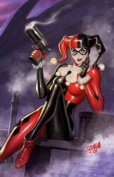 1girl asymmetrical_gloves batman_(series) black_bodysuit black_gloves black_hat black_mask blue_eyes bodysuit boots breasts colored_skin david_nakayama dc_comics domino_mask gloves gun harley_quinn harley_quinn_(classic) hat highres holding holding_gun holding_weapon jester_cap looking_at_viewer mask medium_breasts red_bodysuit red_boots red_gloves red_hat red_lips smoke smoking_barrel two-tone_bodysuit two-tone_hat weapon white_skin