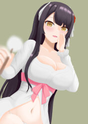 absurdres azur_lane black_hair blunt_bangs blush bow breasts cleavage hair_ornament hand_up hiei_(azur_lane) hiei_(moonlit_cruise)_(azur_lane) highres horns large_breasts long_hair looking_at_viewer mimikaki nightgown panties red_bow rice_wine_bell_hiei underwear whispering yellow_eyes