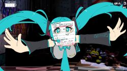 1girl absurdres aqua_eyes aqua_hair aqua_necktie archives.gokulism black_sleeves bonnie_(fnaf) character_doll chica detached_sleeves doll five_nights_at_freddy&#039;s five_nights_at_freddy&#039;s_2 foxy_(fnaf) freddy_fazbear grey_shirt hatsune_miku headset highres job_application_form_(meme) long_hair meme necktie outstretched_arms screenshot_background shirt solo twintails vocaloid