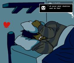 1other awkward bedroom black_hair clenched_teeth covering_own_ears deltarune frown green_pajamas grin heart highres insomnia kris_(deltarune) lying on_bed on_side pajamas pillow pillow_grab sans_(undertale) shaded_face smile speed_deliverer spoilers striped_clothes striped_pajamas teeth under_covers wince