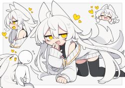 Rule 34 | 1girl, 1other, ahoge, black shirt, black thighhighs, cardigan, chibi, chibi inset, colored tongue, commentary request, dorodra (kisaragi kaya), fang, flipped hair, flying sweatdrops, hair between eyes, hair flaps, half-closed eyes, hand to own mouth, hand up, heart, hug, kisaragi kaya, long hair, long sleeves, multiple views, no shoes, open mouth, original, shirt, sidelocks, skin fang, sleeveless, sleeveless shirt, sleeves past wrists, smile, smug, thighhighs, turtleneck, turtleneck shirt, very long hair, white cardigan, white hair, yellow eyes, yellow tongue