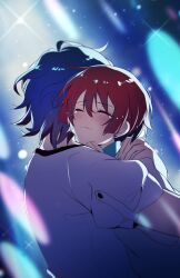 1boy 1girl amate_yuzuriha aqua_eyes blue_background blue_hair blush closed_eyes closed_mouth commentary crying english_commentary gundam gundam_gquuuuuux hug k-rumi red_hair shirt short_hair shuji_ito upper_body white_shirt