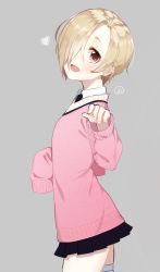 1girl bags_under_eyes blonde_hair blush brown_eyes ear_piercing earrings female_focus grey_background hair_over_one_eye highres idolmaster idolmaster_cinderella_girls jewelry long_sleeves looking_at_viewer open_mouth piercing school_uniform shirasaka_koume short_hair simple_background skirt sleeves_past_fingers sleeves_past_wrists smile solo the_cold