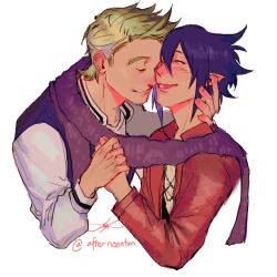 Rule 34 | 2boys, affectionate, afternoontm, amajiki tamaki, arm up, blonde hair, blue hair, blush, boku no hero academia, closed eyes, closed mouth, collared shirt, commentary, couple, cropped torso, cross-laced clothes, cross-laced top, english commentary, forehead-to-forehead, hair between eyes, hand on another&#039;s neck, heads together, highres, holding hands, jacket, letterman jacket, long sleeves, male focus, multiple boys, open mouth, pointy ears, popped collar, purple scarf, red shirt, scarf, shared clothes, shared scarf, shirt, short hair, smile, togata mirio, twitter username, yaoi