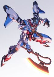 axe full_body glowing glowing_eyes gquuuuuux green_eyes gundam gundam_gquuuuuux heat_hawk highres holding holding_axe holding_weapon ka_ki_o looking_at_viewer mecha mecha_focus mobile_suit no_humans robot science_fiction solo v-fin weapon