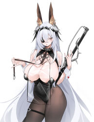 1girl absurdres animal_ears areola_slip azur_lane bare_shoulders black_hairband black_leotard black_pantyhose breast_curtains breasts cleavage covered_navel crossed_bangs eyepatch fritz_rumey_(azur_lane) fritz_rumey_(schwarzes_kaninchen)_(azur_lane) hair_between_eyes hairband highres holding huge_breasts iak leotard long_hair looking_at_viewer mole mole_under_eye open_mouth pantyhose playboy_bunny see-through_clothes simple_background solo thigh_strap very_long_hair white_background white_hair wrist_cuffs