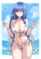1girl ;) arcana_(nikke) bead_bracelet beads bikini blue_hair blue_sky border bracelet breasts cloud commentary cowboy_shot day earrings english_commentary gluteal_fold goddess_of_victory:_nikke grey_eyes groin hands_up highleg highleg_bikini highres jewelry large_breasts long_hair looking_at_viewer one_eye_closed rotomdocs side-tie_bikini_bottom single_earring sky smile solo swimsuit thighs very_long_hair white_bikini white_border